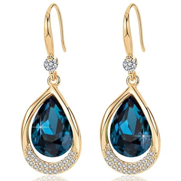 14K Yellow Gold and London Blue Topaz Austrian Crystal Teardrop Halo Earrings
